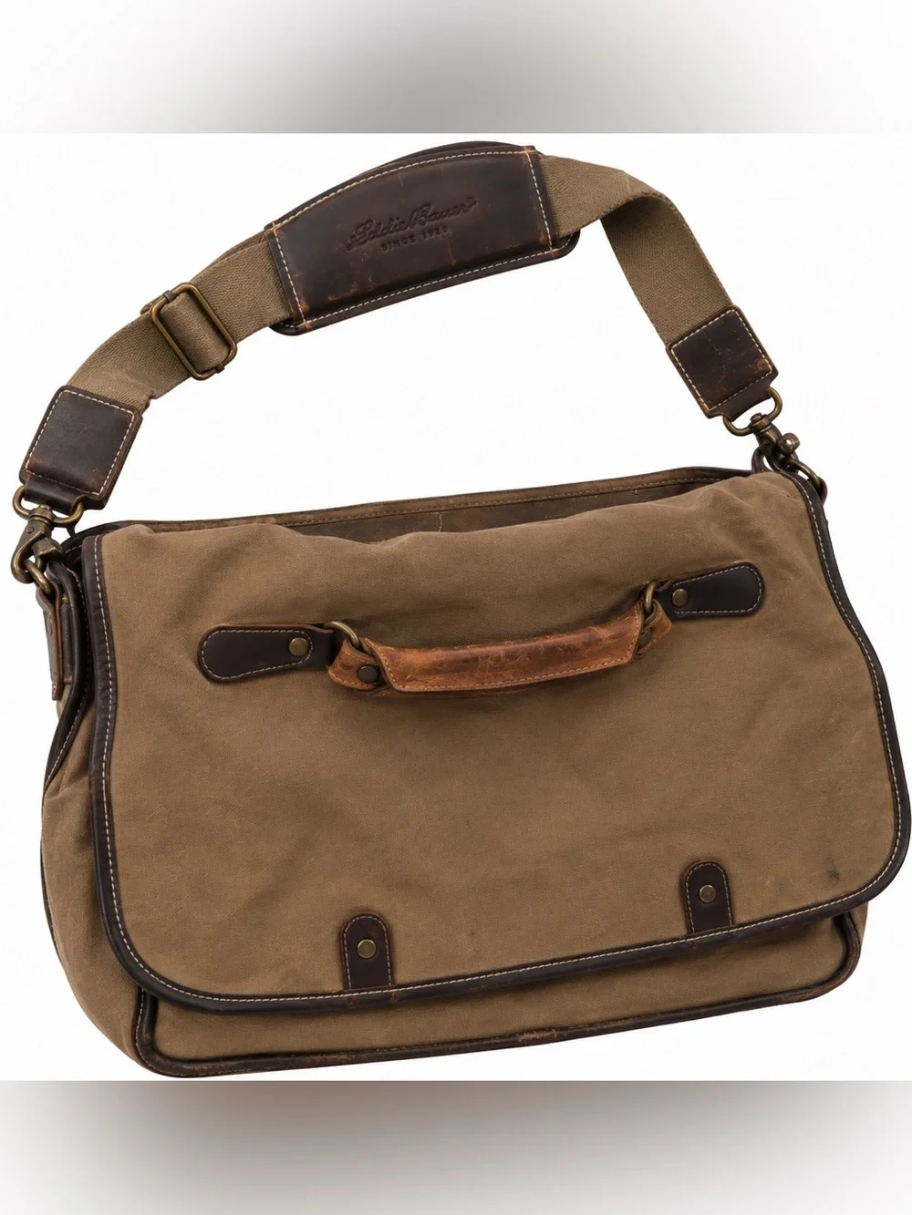 🏕️ EDDIE BAUER Heritage Canvas Leather Messenger Bag Brown Shoulder Travel 🤎